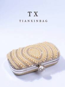 Pink Pearl Clutch Bag, Elegant Engagement Party Handbag For Cheongsam Dress, With Metal Chain Strap, Suitable For Party, Wedding, Prom, Banquet, Perfect Match For Women's Graduation Gown, Prom Dress, Sequin Dress, Shiny Dress, Formal Dress - Champagne - View 10