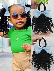2pcs Ponytail With Yarn Bow Clip Hair 8inch Kids Deep Wave Hair Go Afro Kinky Marley With Elastic For Girls - Natural Black - View 7