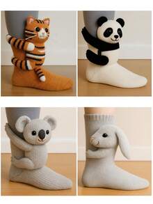 Calcetines de piso con diseño de animales navideños y de San Valentín en 3D, calcetines cálidos para interiores, nuevos calcetines de algodón tejido - Multicolor - Ver 5