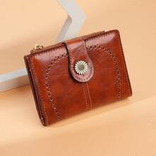 Cartera de cuero aceitado para mujeres, cartera corta retro, monedero multifuncional hueco, clip para dinero - Azul - Ver 3