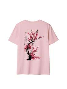 女款粉色圓領梅花印花T恤，寬鬆休閒風，適合日常穿搭與夏季度假 - 粉色 - 查看 3