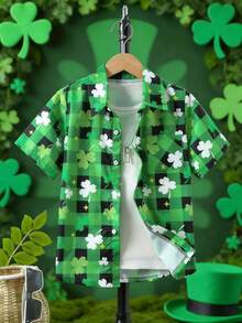 Boys' St. Patrick's Day Clover Print Button-Down Short Sleeve Shirt, Gift For St. Patrick's Day - Green - View 1