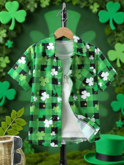 Boys' St. Patrick's Day Clover Print Button-Down Short Sleeve Shirt, Gift For St. Patrick's Day