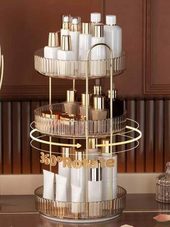 1pc 360° Rotating Cosmetic Storage Shelf - Large Capacity Bathroom/Vanity Organizer With Removable Reinforced Layers, Transparent Tabletop Storage Box For High Bottles, Makeup Bags, Jewelry, Perfumes & Toiletries - Ideal Desk/Dressing Room Accessory, Christmas Gift For Women ,Random Style