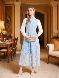 DEVCHATA 우아한 패셔너블 여성용 롱 레이스 A라인 드레스 키홀 넥 긴소매 미디 롱 드레스 캐주얼 웨어