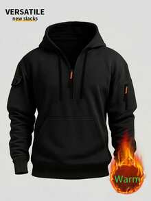 Men's Casual Fashionable Half-Zip Hooded Sweatshirt With Thermal Lining, Minimalist Outdoor Pullover, Autumn/Winter, Long Sleeve Top