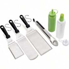 Juego de 6 espatulas de metal Kit de accesorios para plancha Espatula plana para tortitas aleta para hamburguesas utensilio de metal ideal para parrilla de barbacoa parrilla de hierro fundido de parte superior plana grado comercial - Juego de mango de madera - Ver 5