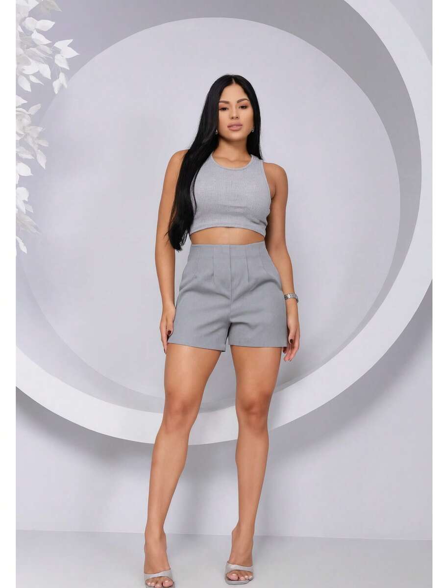 Short Feminino Cintura Alta com Zíper Lateral Elegance - Cinza - Visão 1