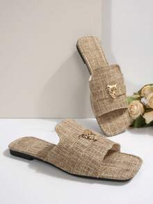 卡其色方头平底拖鞋，金属豹纹搭扣装饰，亚麻绑带，时尚沙滩凉鞋，优雅休闲百搭女士平底拖鞋，夏季新品 - 卡其色 - 查看 16