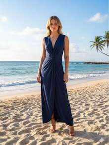Elegant And Sensual Wrap-Style Beach Cover-Up Dress Made Of Premium Microfiber Fabric, Perfect For Summer Vacations, Beaches, And More. - 藏蓝色 - 查看 3