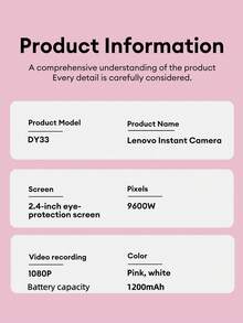 Lenovo DY33 Instant Print Camera, Built-In MP3 Music Player, 1080P HD Photo & Video, 1200mAh Battery, 32GB Storage Card, 8X Zoom High-Quality Camera, 4 Photo Effects, Built-In Entertainment Mini Games, Ideal Gift For Holidays, Birthdays, Creative Present - Pink - View 12