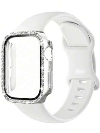 一套三合一简约新款纯色蝴蝶扣硅胶表带及表壳保护膜，镶嵌钻石，适用于 38mm 40mm 41mm 45mm 44mm 42mm，以及 Ultra系列9 8 7 6 5 4 3 2 1 SE Series 10，舒适透气腕带，防刮防水防震，男女通用。