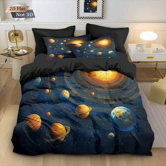 三件套床上用品（1个被套+2个枕套，不含填充物），色彩缤纷的太空宇宙星空图案，可爱的卡通太空星空图案，适合作为情人节、圣诞节礼物送给爱人、朋友、家人，日常个性化床上用品，柔软、保暖、亲肤的被套，多种尺寸可选，包括特大号，是宇宙和太空探索爱好者的必备之选。