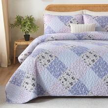Floral Plaid Patchwork Quilt Set King Size, Reversible Brown Bedding Set Soft Microfiber Lightweight Bedspread Coverlet 3 Piece All - Season Use (104x90 Inches) - 薰衣草 - 查看 6