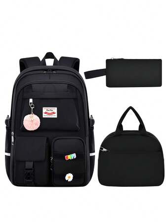 1 Set Girls Backpack Combo - Minimalist Adjustable Shoulder Strap, Lightweight Nylon Student Backpack, Zipper Hook And Loop Closure, Girls Rucksack, Back To School Gift