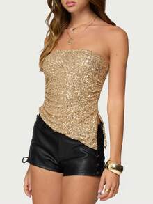 Women Sequins Tube Top Strapless Sparkly Split Hem Vest Shiny Glitter Going Out Bandeau Crop Tops 90s Streetwear - 金色 - 查看 2
