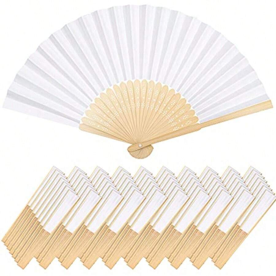 70 Pieces White Paper Hand Held Fan Bamboo Paper Folding Fans For Weddings Foldable Wood Wedding Fans For Guest Bridal Shower Dancing Party DIY Craft Photo Props Wall Decoration - 白色 - 查看 1
