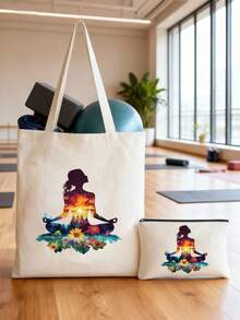 瑜伽主题手提袋和化妆包套装 - 轻便大容量帆布包，印有瑜伽图案，可作瑜伽包、健身包、购物袋和书包使用，醒目的印花设计，是瑜伽馆促销礼品、瑜伽爱好者互赠礼物、送给姐妹和闺蜜的礼物、圣诞礼物、新年礼物的理想之选。
