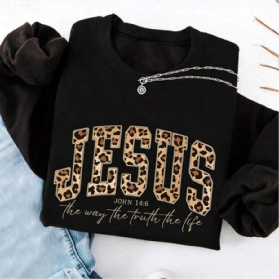 Christmas SweatshirtINAWLY Christian Jesus Sweatshirt, Leopard Print Bible Verse T-Shirt, Fashionable Faith Apparel Gift, Jesus Loves You, The Way, The Truth, The Life Women HoodieLoose And Comfortablechristmas Christmas Outfit Women - 黑色 - 查看 1