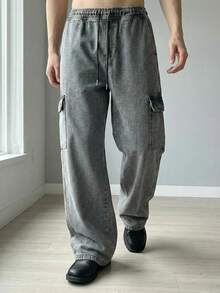 Light Graphite Cargo Pants Jeans 4 Pockets Street Style Urban Skater Elastic Waist - Dark Grey - View 1