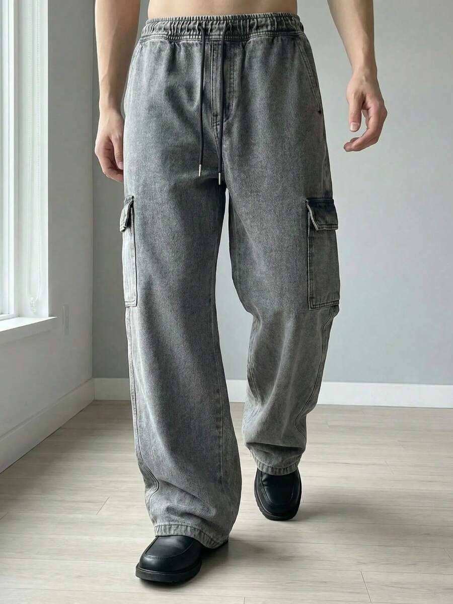 Light Graphite Cargo Pants Jeans 4 Pockets Street Style Urban Skater Elastic Waist - Dark Grey - View 1