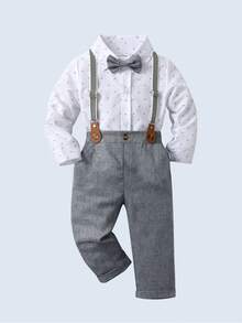 2pcs Young Boys Gentleman Suit Set, Long Sleeve Collared Shirt With Bowknot And Gray Suspender Pants, Fashionable & Dapper For Birthday, Valentine's Day, Party, Wedding - Grey - View 2