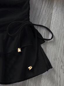 PEPPERMOLLY 女士性感时尚白色比基尼泳裤，网纱褶皱裙摆，夏季沙滩装 - 黑色 - 查看 5