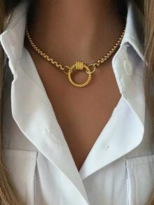 1 Pc Gold Women's Necklace, Paired With A Chain And Twisted Round Buckle, Designed To Be Small And Cute. The Design Of Another Necklace Includes Pull Ring Accessories, Devil's Eye Pendant, And Heart-Shaped Buckle Pendant. The Overall Style Is Elegant And Fashionable, Suitable For Wearing On Holidays. - Gold - View 5