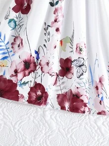 Tween Girls Elegant Floral Print Patchwork Short Cap Sleeve Casual Dress, Summer - Red - View 6