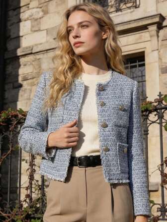 GMFP 女士新年休闲复古纹理金属单排扣圆领短款斜纹软呢天蓝色优雅外套