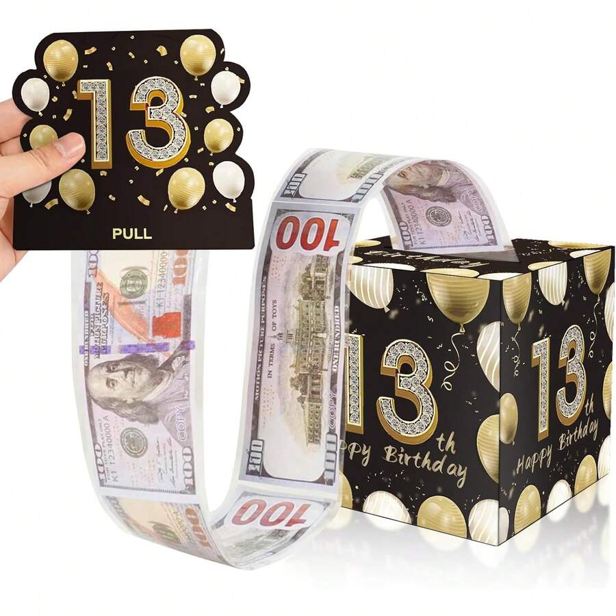 Feliz 13 Cumpleaños Caja de Dinero en Efectivo de Regalo Set, Sorpresa Pull Out Caja de Regalo de Dinero con 30Pcs Bolsas Transparentes - Maneras Divertidas de Dar Dinero en Efectivo Como un 13 Cumpleaños de Regalo Para las Niñas Los Niños - Hucha-02 - Ver 1