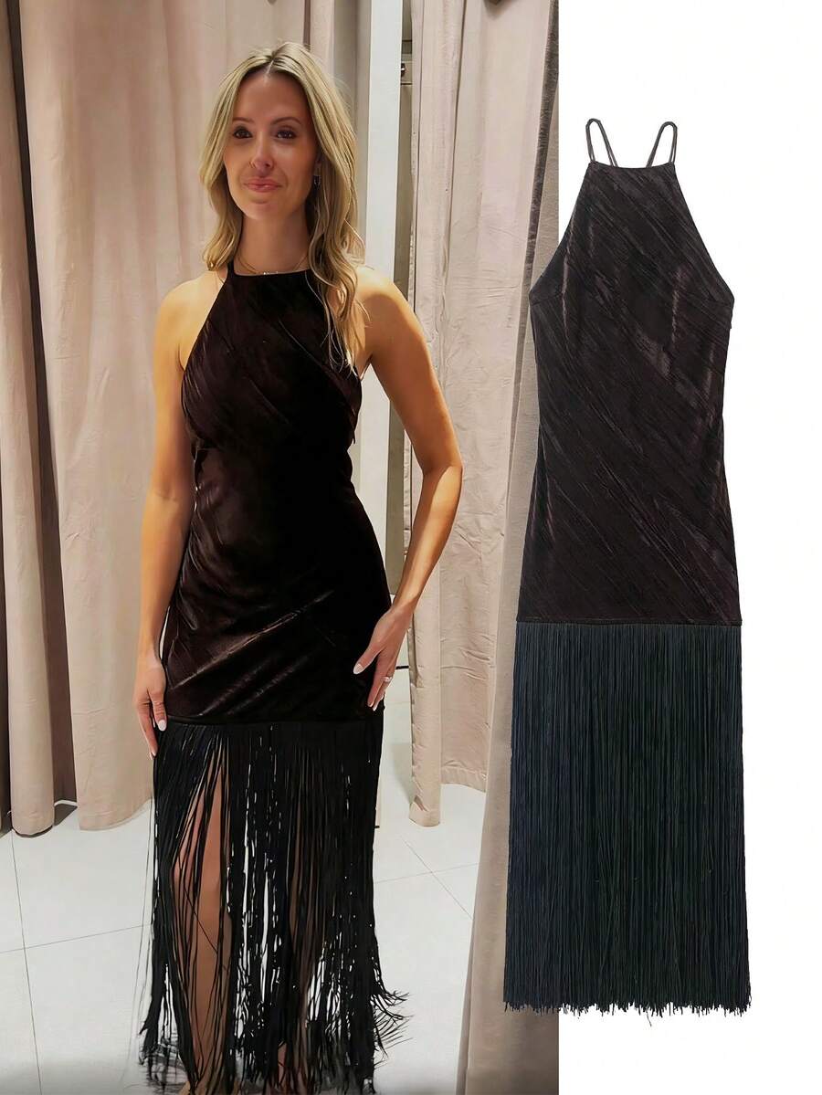 GMFP 女士优雅无袖黑色天鹅绒流苏中长连衣裙，时尚百搭，适合派对、音乐节、婚礼季等场合。 - 棕色 - 查看 1