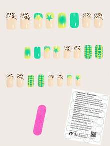 Express Your Love With 24pcs Oval Square Press On Nails Elegant Fresh Green French Style Teal Star Leopard Print French Style Pink Nails Fashion Green Gradient Green Tortoiseshell Pattern False Nails Express Your Love With 24pcs Medium Square Press On Nails - Green - View 2