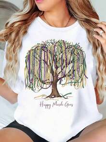 Mardi Gras Beads And Crown Design Happy Mardi Gras T Shirt Women Casual Top Party Costume Festival Wear ,220g - 白色 - 查看 1