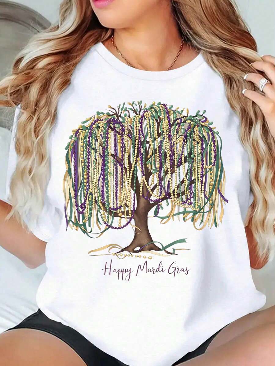 Mardi Gras Beads And Crown Design Happy Mardi Gras T Shirt Women Casual Top Party Costume Festival Wear ,220g - 白色 - 查看 1