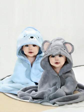 1件/2件婴儿浴巾套装，男女通用动物图案连帽婴儿披肩，柔软珊瑚绒卡通婴儿沐浴用品，四季皆宜