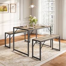 3-Piece Dining Table Set For 4,  Kitchen Table Set With 2 Benches, Dining Room Table Set With Adjustable Foot Pads,Room Deocr,Grey, Christmas Gift - 灰色 - 查看 7