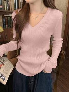 女式修身 V 领罗纹针织长袖套头衫，百搭显瘦，春季 - 皮紅色 - 查看 3