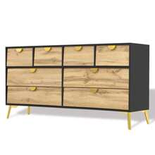 L150*W40*H78cm, Moderne Sideboard Mit 8 Schubladen, Schwarz & Holzfarben, Minimalistisches Design, Goldene Metallgriff, Metallfüße, Für Wohnzimmer Und Esszimmer - 棕色 - 查看 2