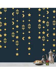 1 Set Vintage Ramadan Paper Flower Wreath Decor, Star & Crescent Moon Lantern Garland, Eid Celebration Islamic Party Decorations, Suitable For Wedding/Birthday/Eid Festival - Multicolor - View 7