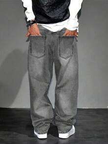 直筒水洗棉质牛仔裤，百搭阔腿水洗牛仔裤，情侣宽松直筒牛仔裤 - 灰色 - 查看 4