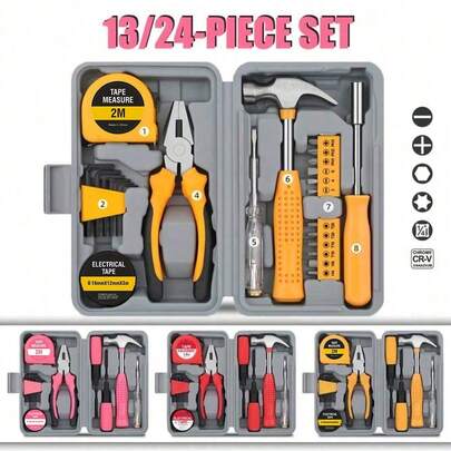 24pcs Steel Household Tool Box Set, Tool Kit For DIY, Necessities For Daily Decoration And Maintenance, Creative Gift For Ladies 1 Set Home Manual Tool Set, Electrical Hardware Repair Tool, Home Multi-Functional Vehicle Combination Toolbox Set,Tools For Men