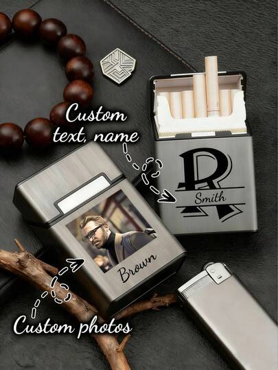 1pc Customized Metal Cigarette Case,Personalized Cigarette Case,Photo Or Portrait,Custom Text Name ,Slim Drawer Design Holds 20 Cigarettes, Elegant Compact Pocket Box, Gift For Boyfriend, Gift For Dad, Gift For Men, Father's Day Gift, Valentine's Day Gift, Mother's Day Gift, Gift For Grandpa, Birthday Gift For Him,Warm Ambience.