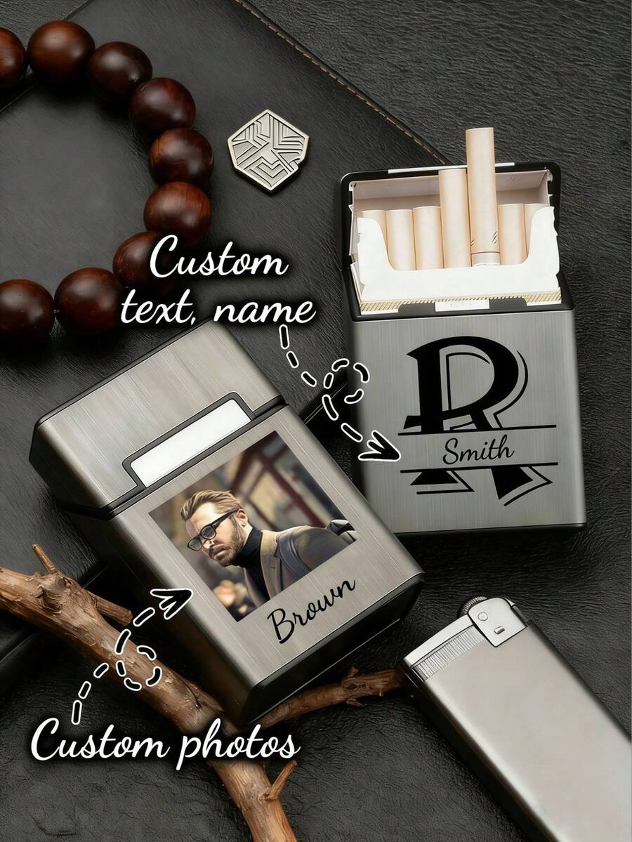 1pc Customized Metal Cigarette Case,Personalized Cigarette Case,Photo Or Portrait,Custom Text Name ,Slim Drawer Design Holds 20 Cigarettes, Elegant Compact Pocket Box, Gift For Boyfriend, Gift For Dad, Gift For Men, Father's Day Gift, Valentine's Day Gift, Mother's Day Gift, Gift For Grandpa, Birthday Gift For Him,Warm Ambience. - Multicolor - View 1
