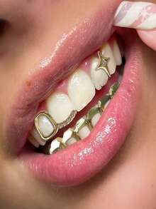 Conjunto de 3 peças de joias dentárias personalizadas e modernas em zircônia, com design de estrela de quatro pontas e barra oca. Ideal para casais e como presente de Natal unissex. - Multicolorido - Ver 1