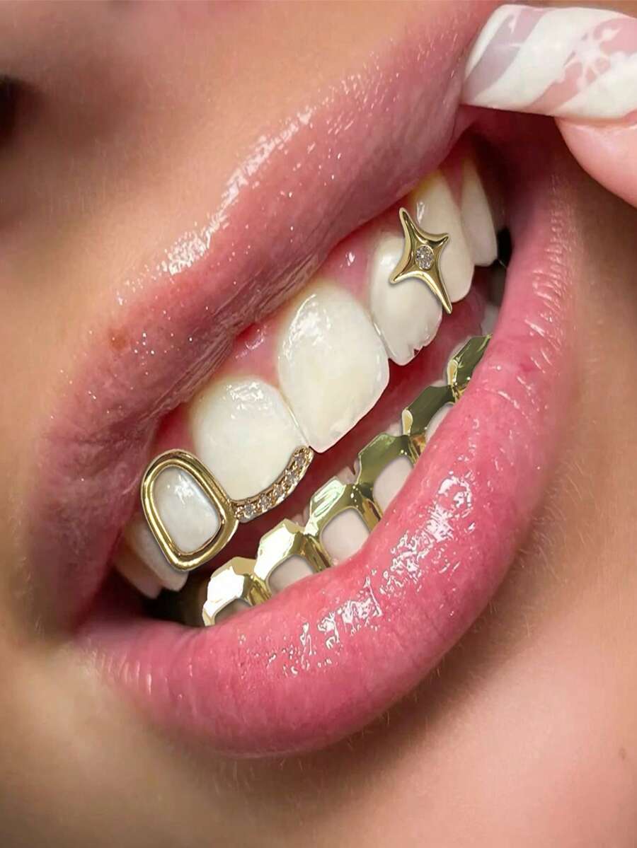 Conjunto de 3 peças de joias dentárias personalizadas e modernas em zircônia, com design de estrela de quatro pontas e barra oca. Ideal para casais e como presente de Natal unissex. - Multicolorido - Ver 1