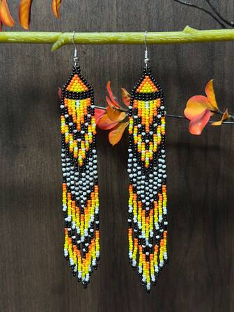 波西米亚风超长流苏耳环，彩色渐变串珠耳环，手工垂坠串珠首饰，时尚曳肩耳环，节日礼物，休闲复古百搭串珠耳环