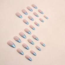 A Box Of 24 Blue Aurora French Pearl Almond Nails Ins Fake Nails Finished Wear Nails - Màu xanh lam - Xem 3