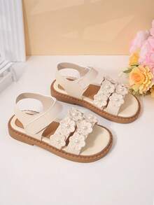 1双幼儿女童3D花朵珍珠装饰仿皮透气露趾踝带平底凉鞋，甜美公主风生日派对鞋 - 米色 - 查看 6