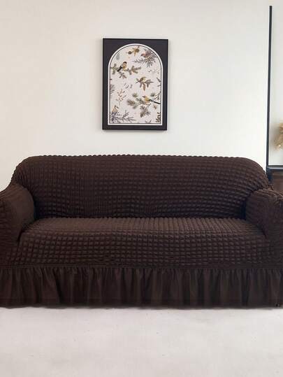 1pc Dark Coffee Bubble Chiffon Ruffled Elastic Sofa Cover, Fits 3/2/4/1 Seater Sofa, Dust-Proof, Washable, Home Decor